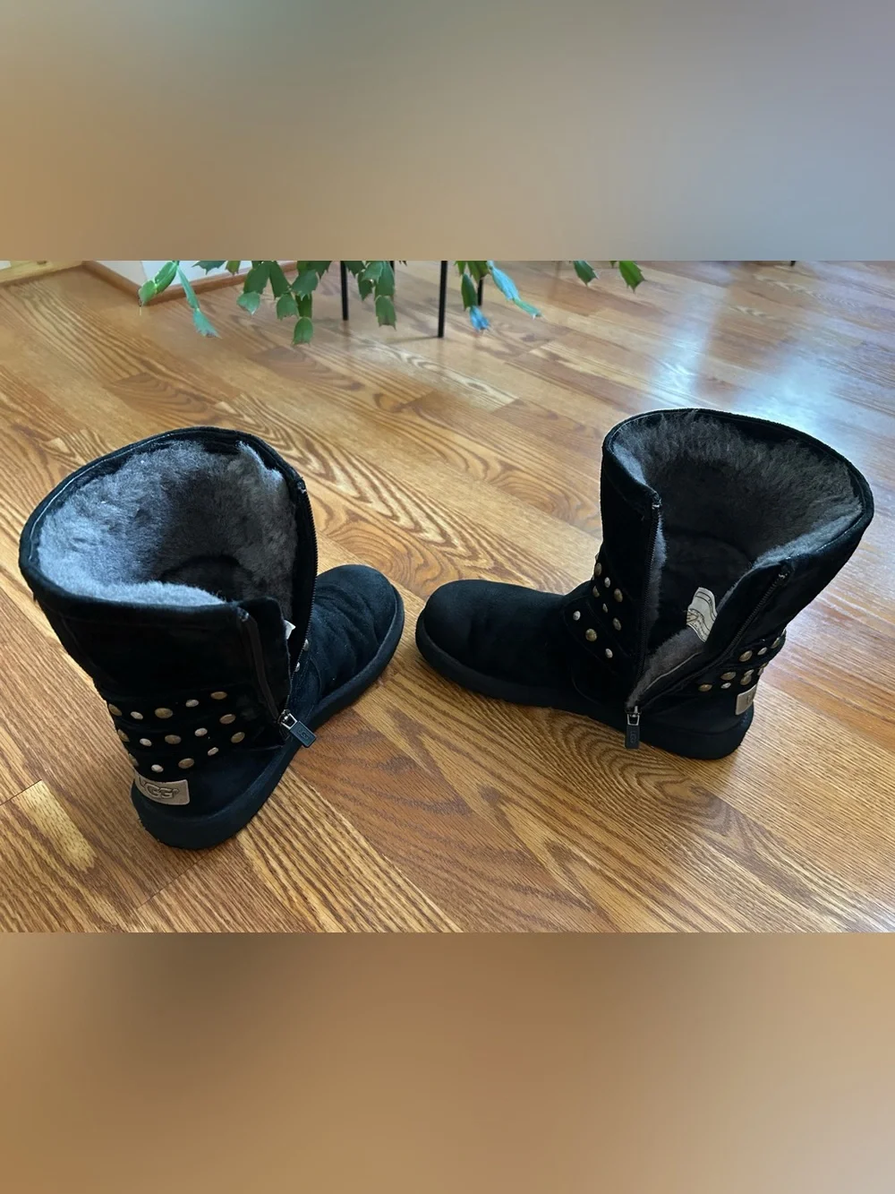 UGG black suede, shearling fur, studded, mid-calf boots